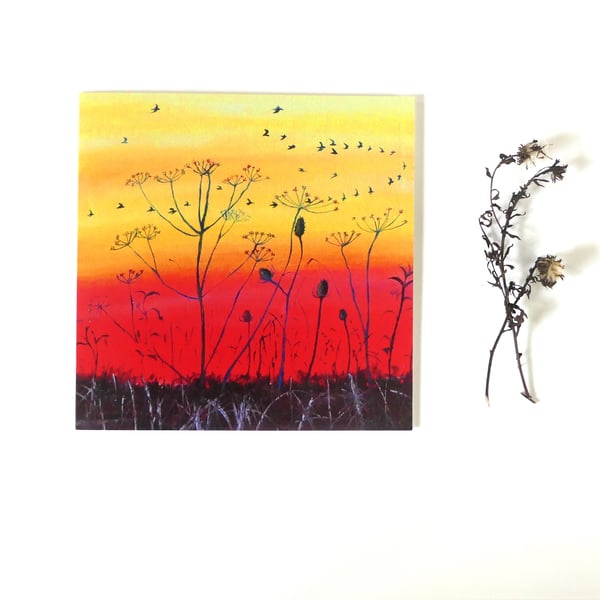 Sunset Landscape Card with Birds and Wild Flowers from Original Oil Painting