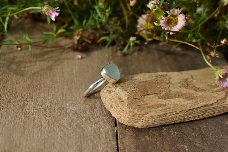 Sea Glass and Recycled Silver Ring, Size O, Frosted White Scottish Sea Glass