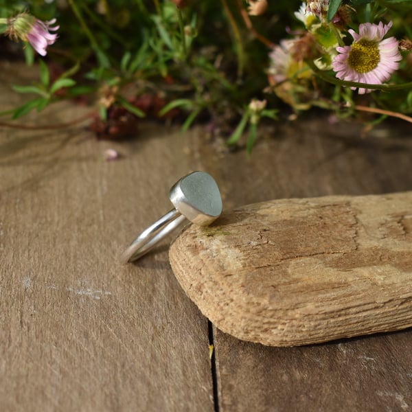 Sea Glass and Recycled Silver Ring, Size O, Frosted White Scottish Sea Glass