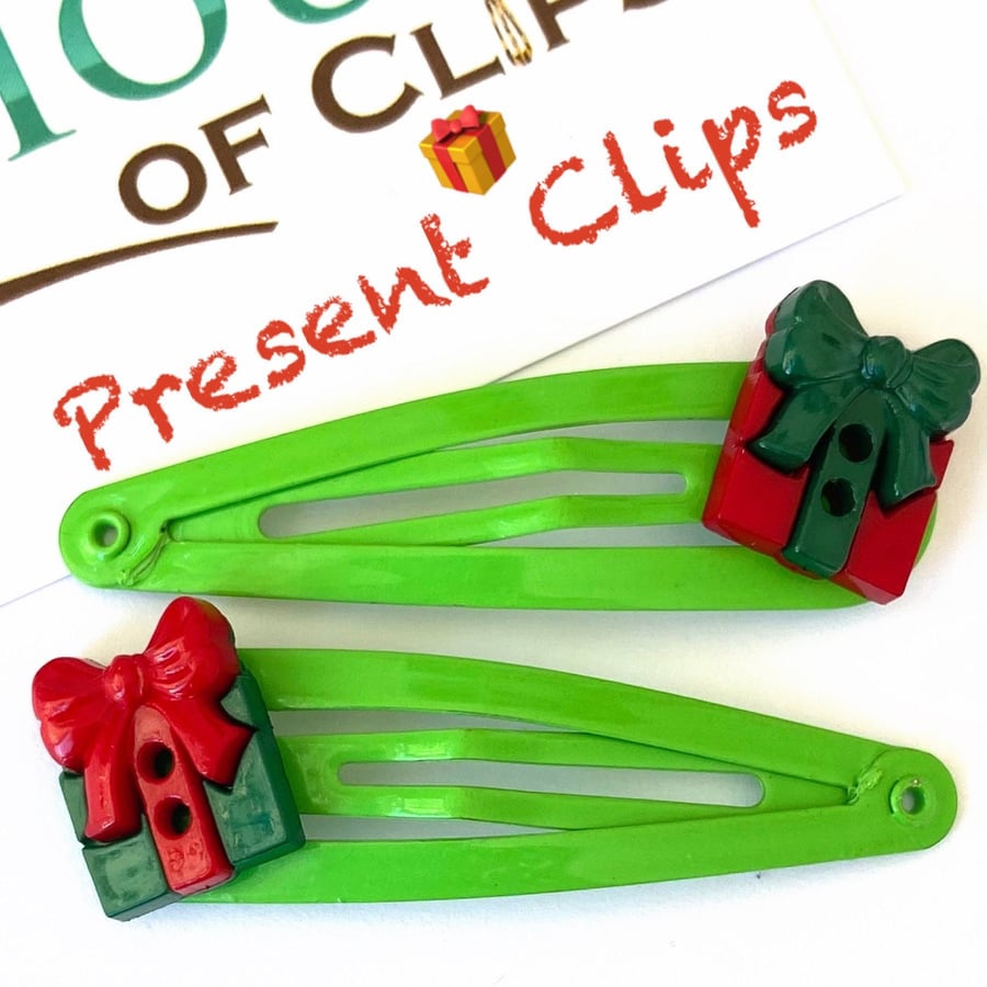 Christmas Present Hair Clips x2- Xmas Present Hair Clips - Green Christmas Hair 