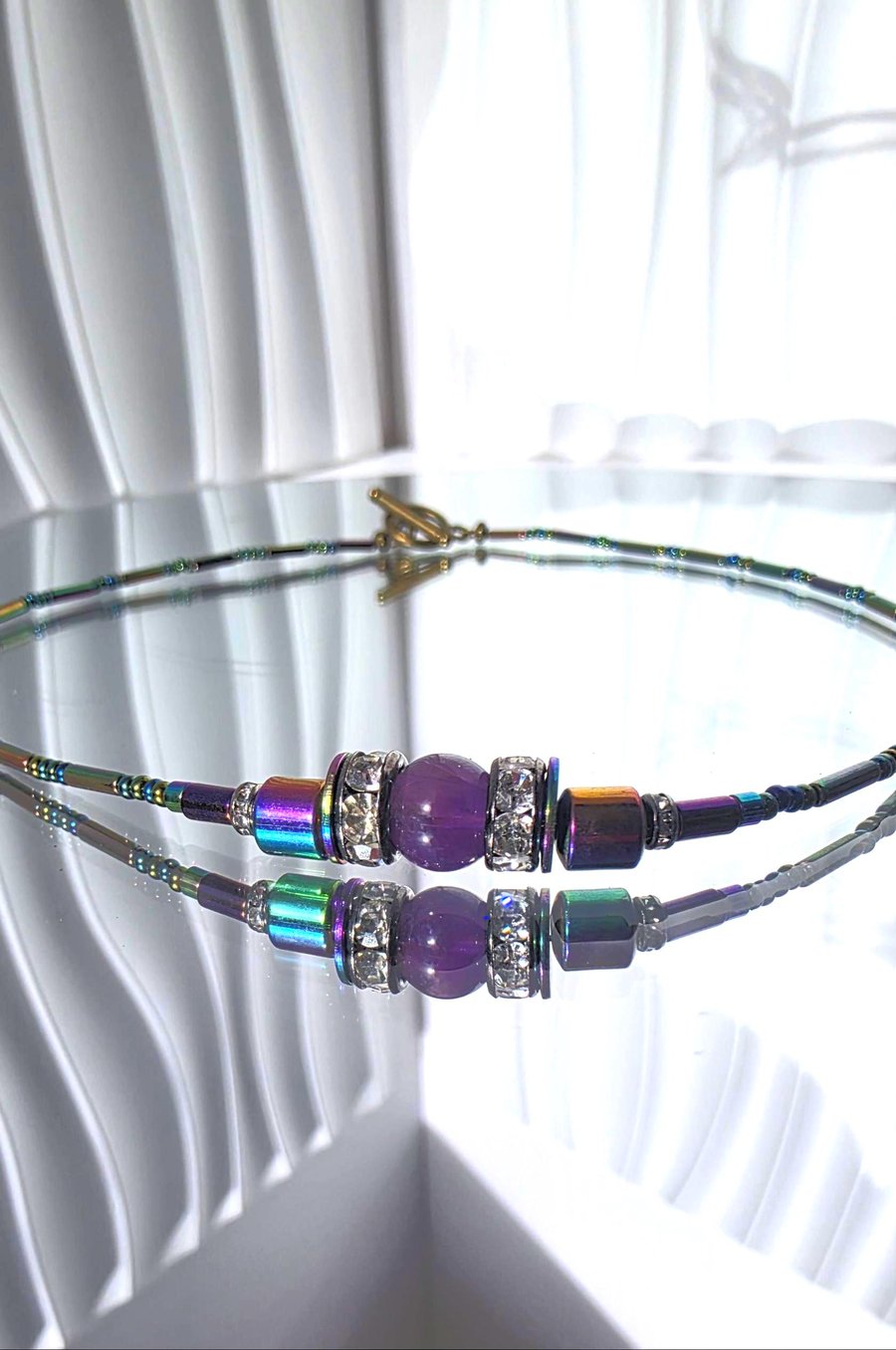 Amethyst Hematite Beaded Necklace Colourful Jewellery Statement Choker Handmade 