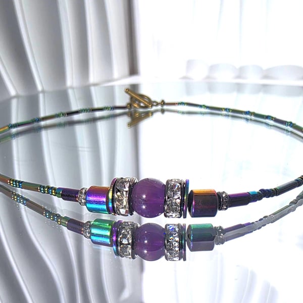 Amethyst Hematite Beaded Necklace Colourful Jewellery Statement Choker Handmade 
