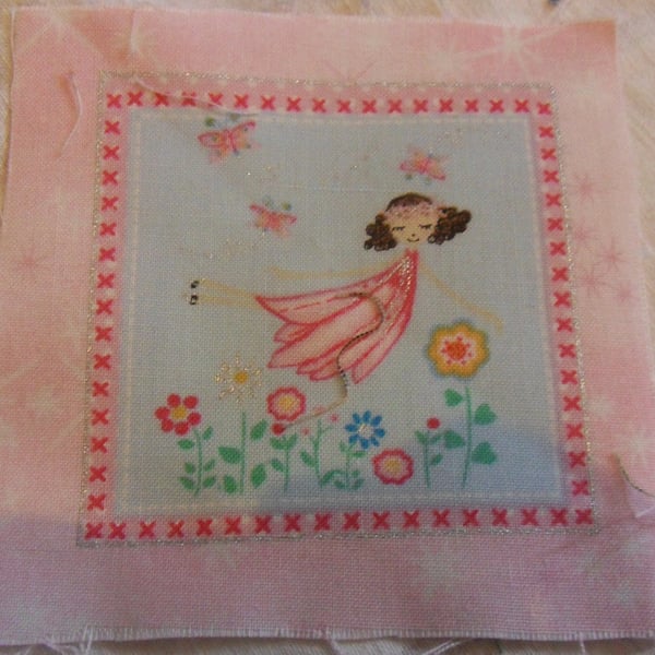 100% cotton fabric squares. Pink fairy with brown hair. (48)