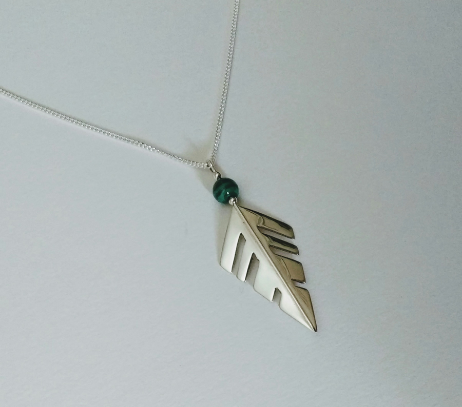 Sterling Silver Arrow Leaf Pendant, Malachite Bead, 16" Chain