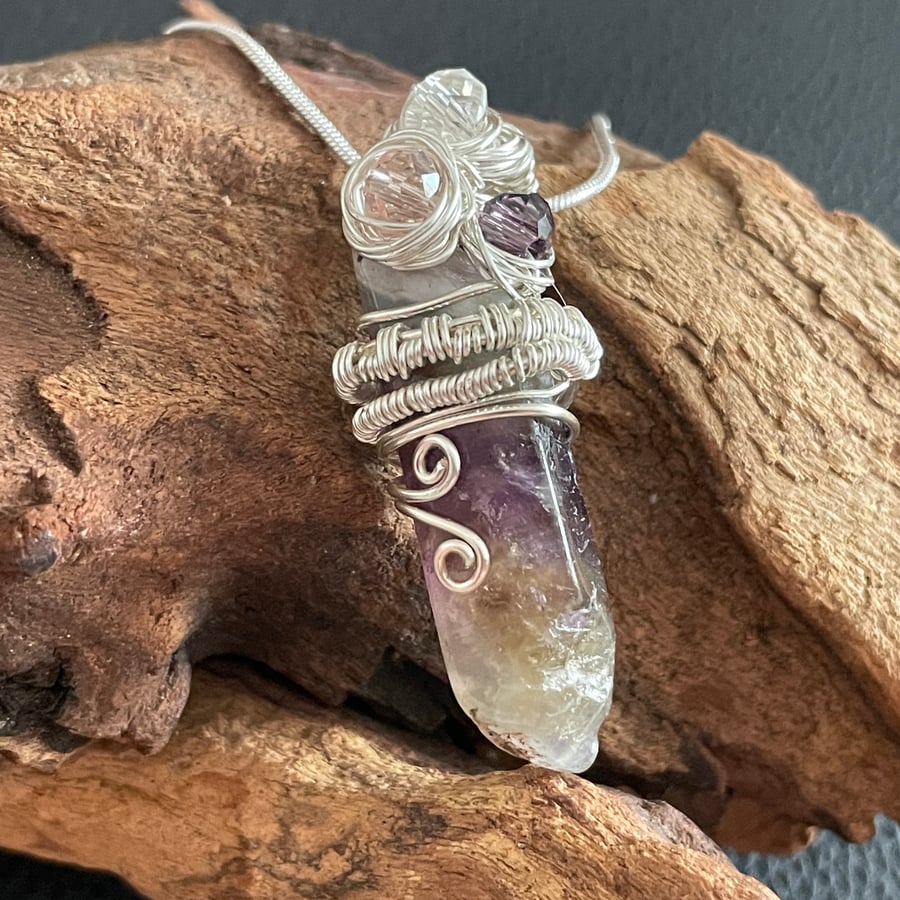 Whimsical Hand Wrapped Amethyst Crystal Point & Faceted Glass Bead Pendant
