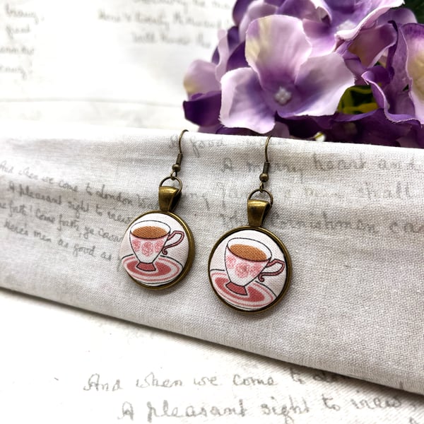 Pink tea cup fabric button dangle earrings tea lover