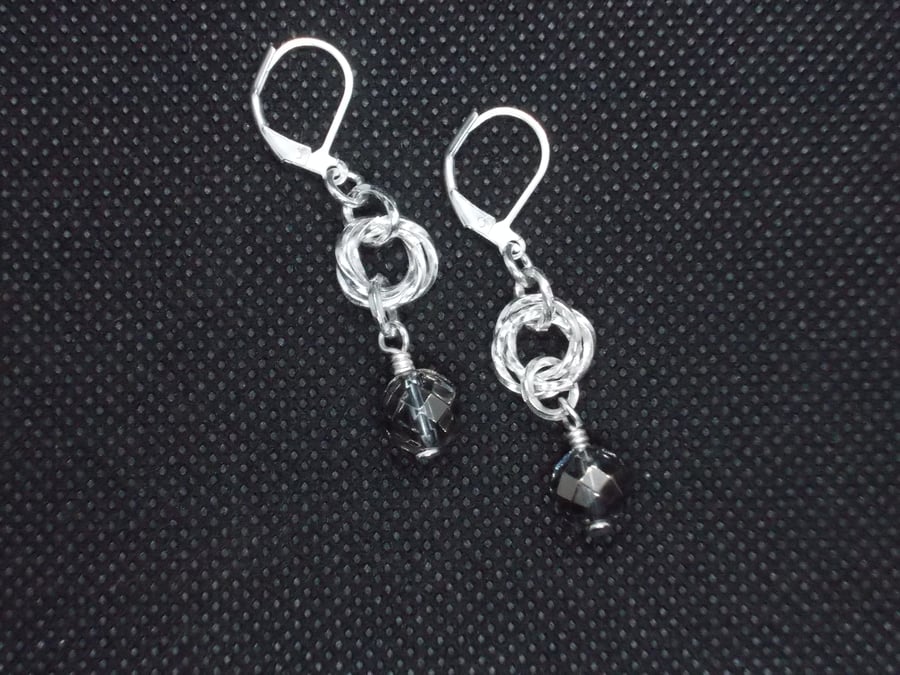 SALE - Grey quartz and chainmaille drop earring