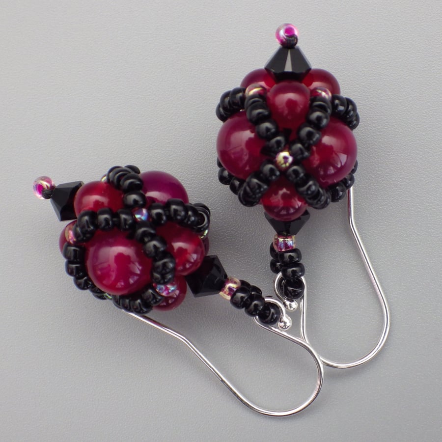 Netted beadwoven dyed pink agate and Swarovski crystal earrings