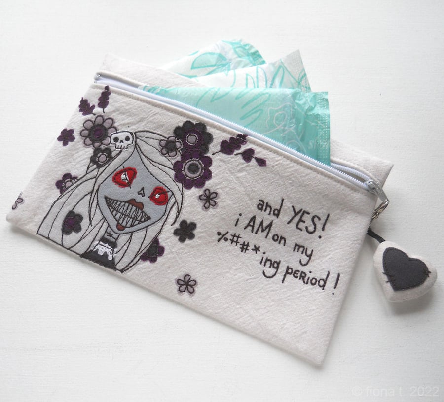 freehand embroidered angry floral zombie purse pouch case