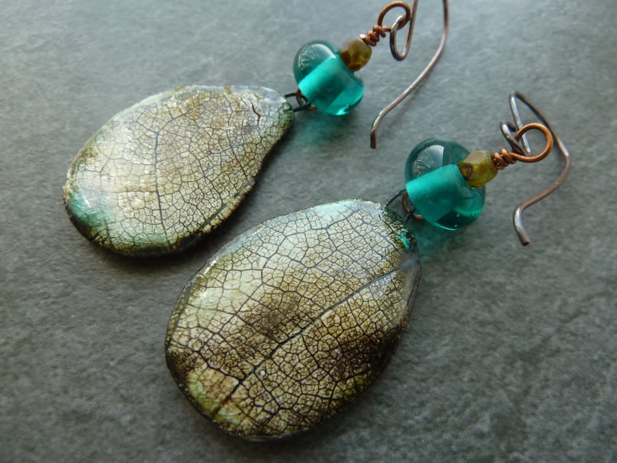 copper, green lampwork glass and ceramic wing earrings