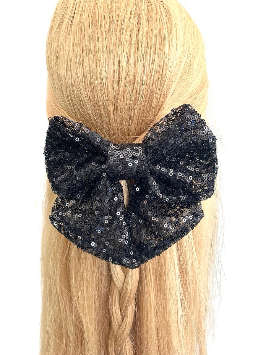 Black sequin hair bow barrette clip for women