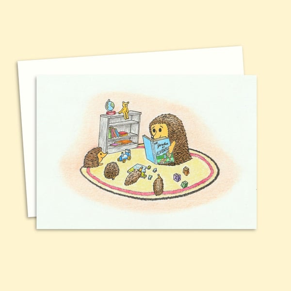 Hedgehogs Storytime Greeting Card: Cute Pencil Illustration, Blank Inside (207)