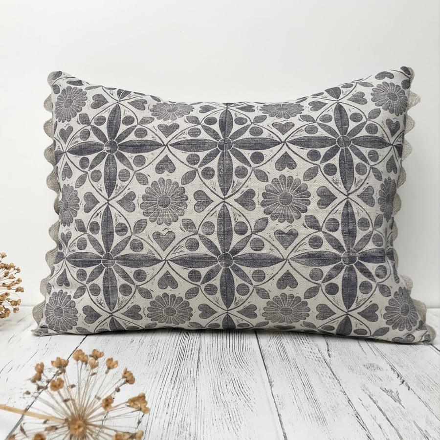 Hand Printed Linen  Oblong Cushion - EIRA - Lavender 