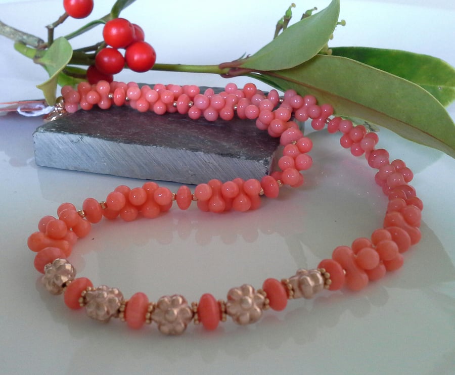 Floral Peach Eco Coral with Rose Gold  Vermeil Necklace