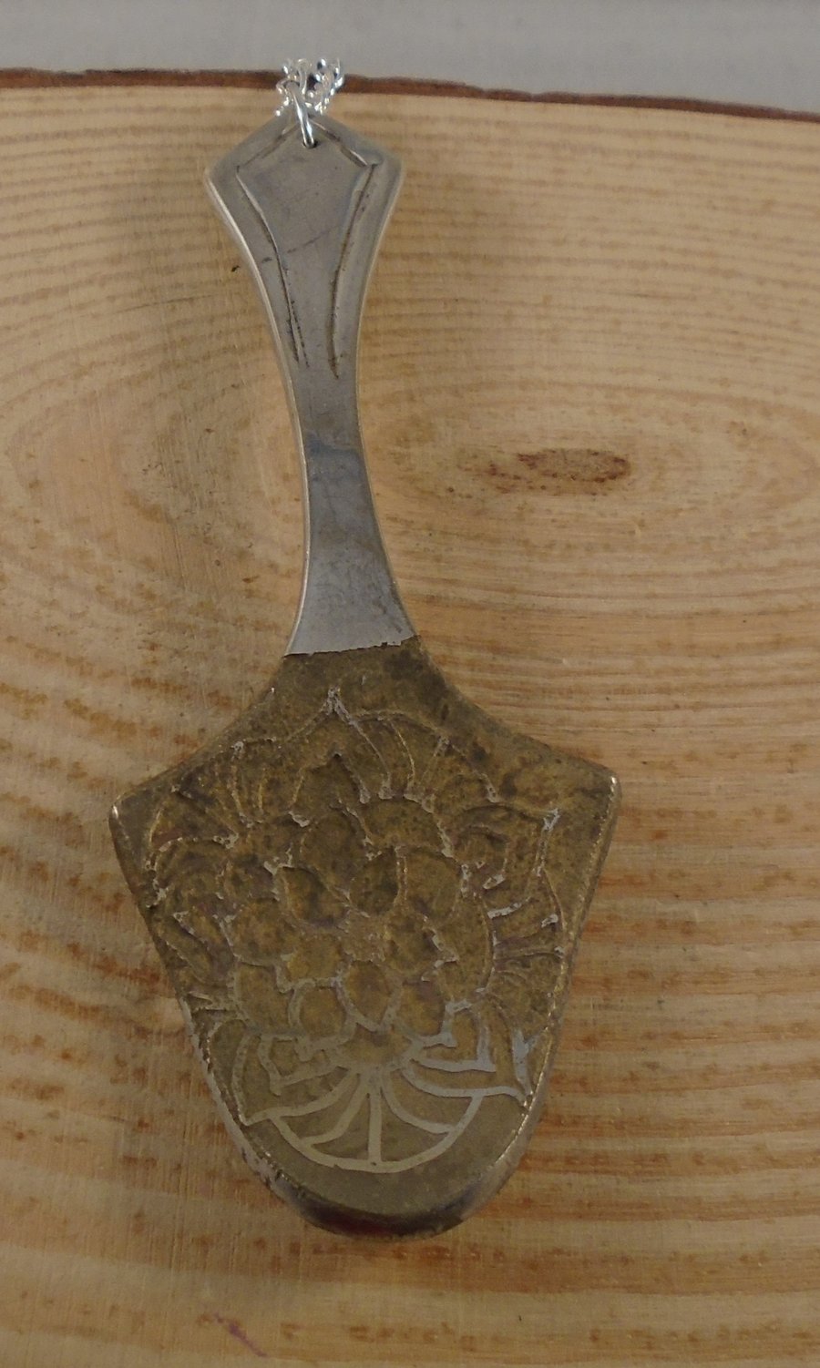 Upcycled Silver Plated Etched Mandala Caviar Spoon Necklace SPN062002