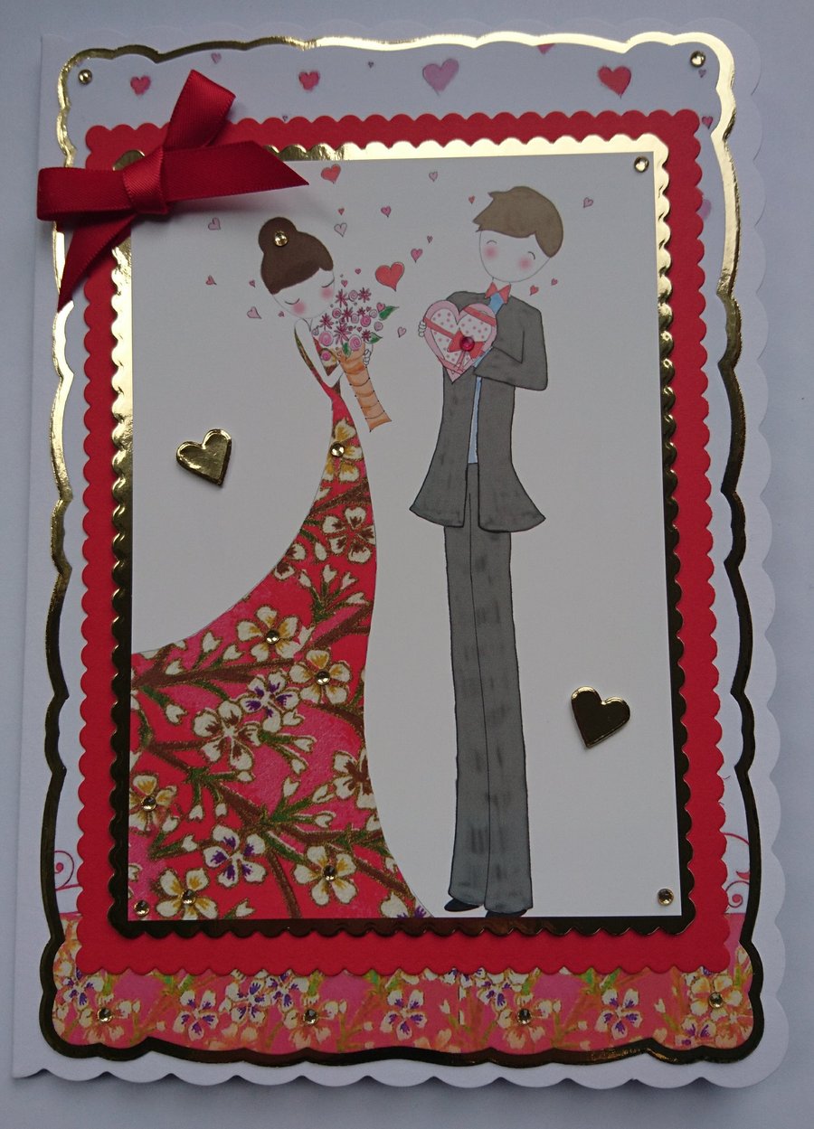 Happy Valentine's Day Chic Couple Love Hearts Flowers 3D Luxury Handmade Card 