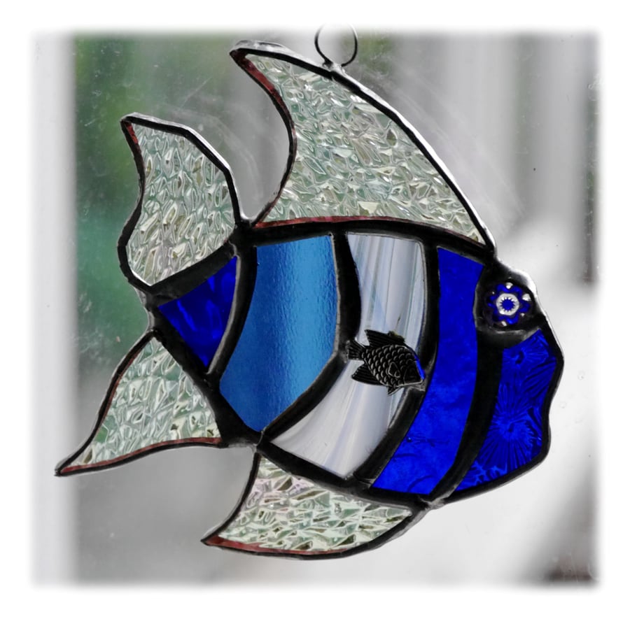 Tropical Fish Suncatcher Stained Glass Handmade Blue 020