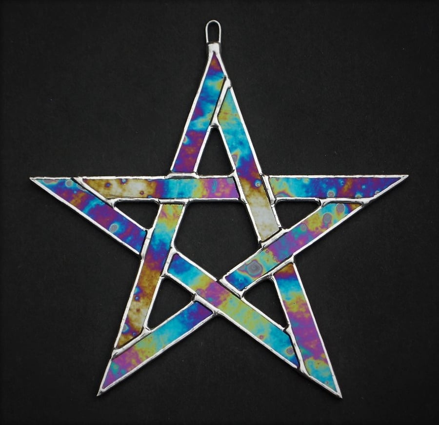 Stained Glass suncatcher Pentagram 5 pointed star cobalt blue iridescent glass