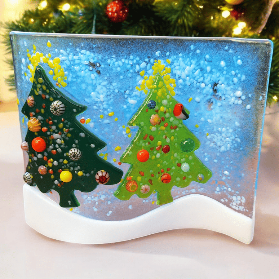 Handmade Fused Glass Christmas Tree Ornament – Unique Freestanding Holiday Decor