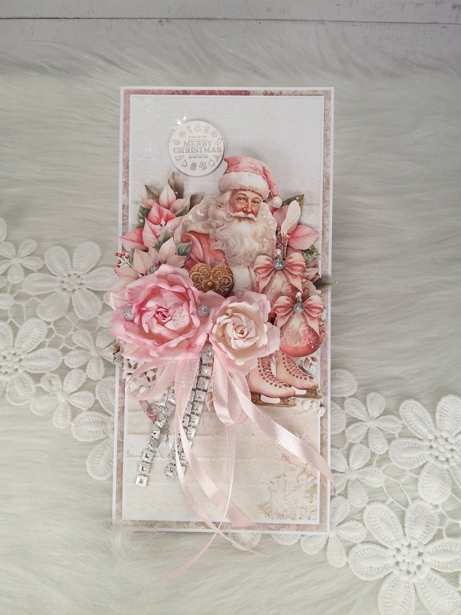 Luxury Pink Santa Christmas Card. Pink Ice Skates Card. 3D Christmas Card. (30)