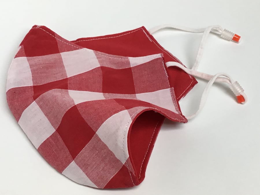 Large reusable, double layered, washable and adjustable red checked face mask