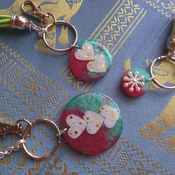 Seasonal Keyring with Hearts and Snowflakes