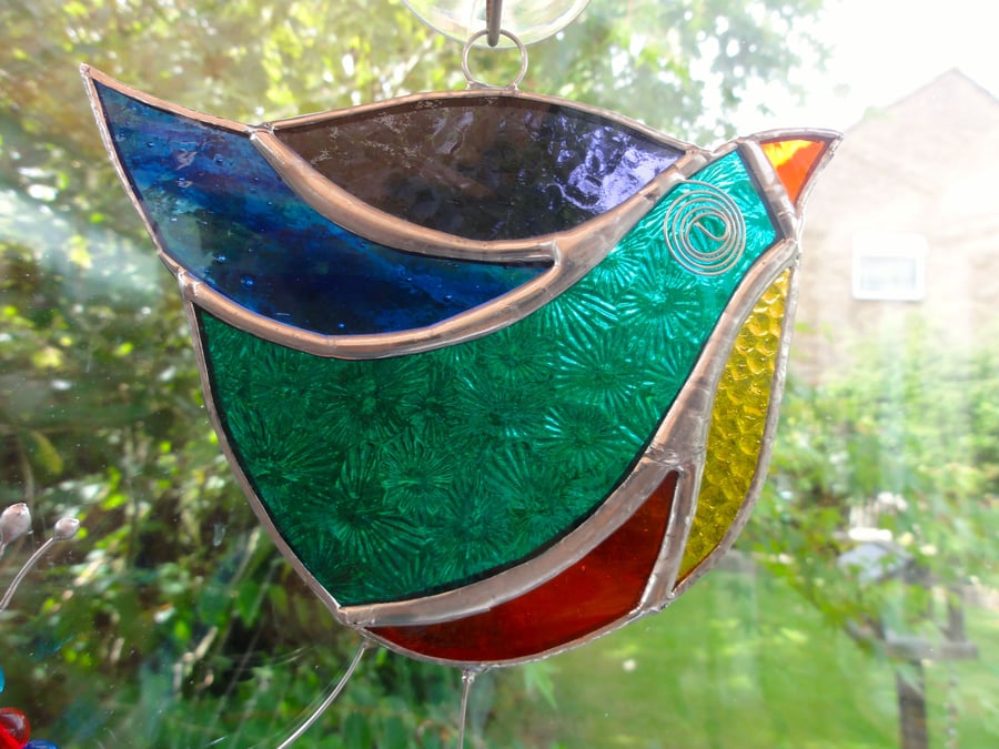 Stained Glass Funky Bird Suncatcher  - Multi Turquoise