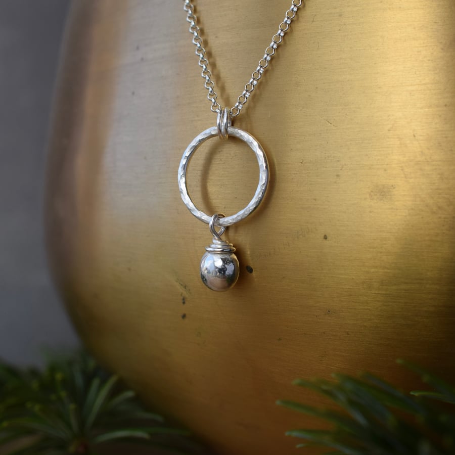 Sterling Silver Necklace - Textured Silver Circle Pendant with Nugget Charm