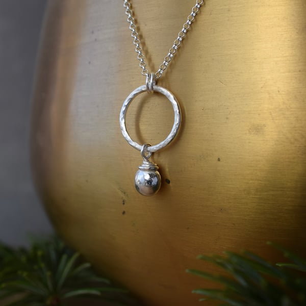 Sterling Silver Necklace - Textured Silver Circle Pendant with Nugget Charm