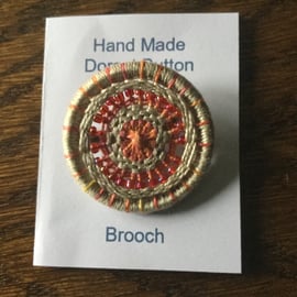 Beaded Dorset Button Brooch, Ecru and Orange, B9