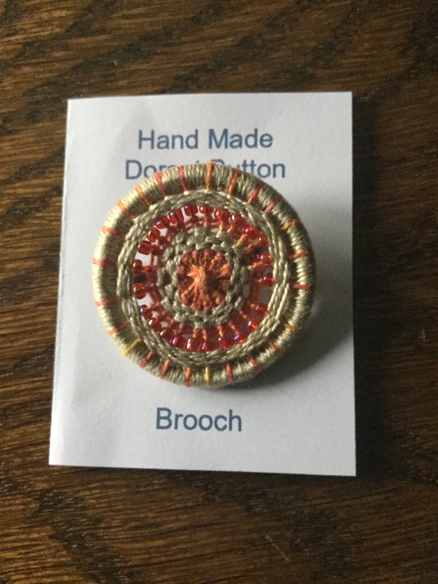 Beaded Dorset Button Brooch, Ecru and Orange, B9