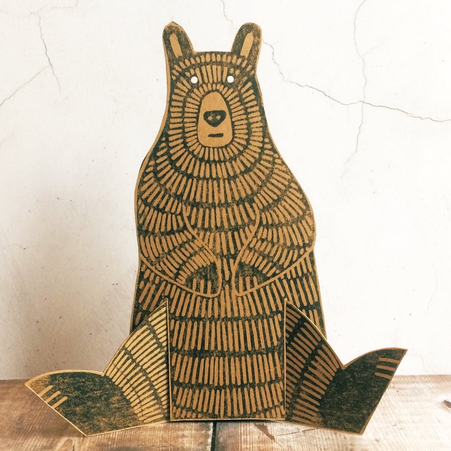'Day-dreaming Bear' Linocut original hand printed 3D card 