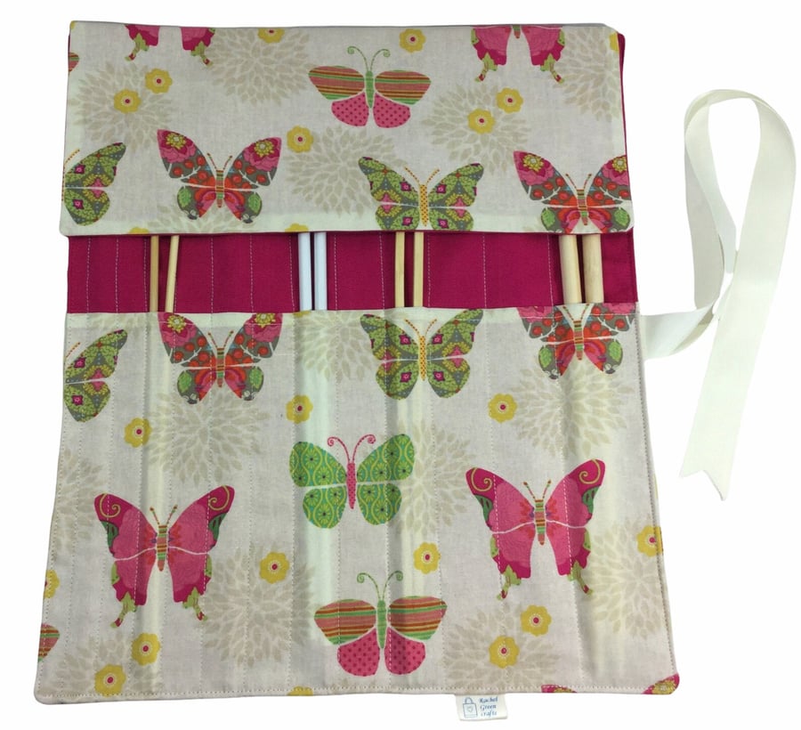 Butterfly Straight knitting needle case, needle roll, ribbon tie needle storage,