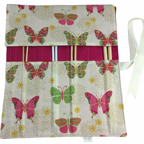 Butterfly Straight knitting needle case, needle roll, ribbon tie needle storage,