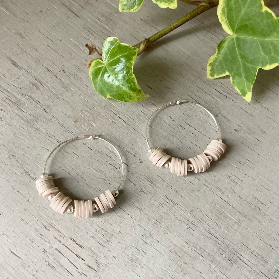 'Putty' Cream Heishi Bead Hoop Earrings, sterling silver