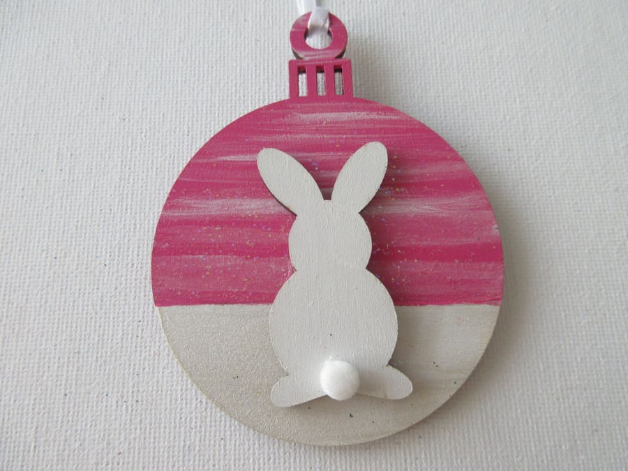 Hanging Decoration Christmas Tree Bauble Bunny Rabbit Pink White Snow Scene