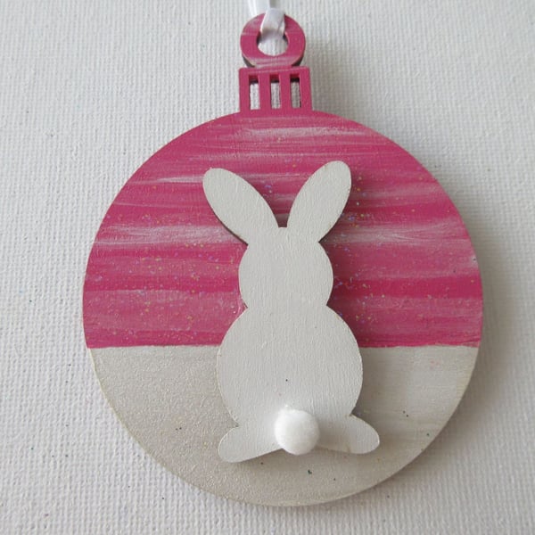 Hanging Decoration Christmas Tree Bauble Bunny Rabbit Pink White Snow Scene