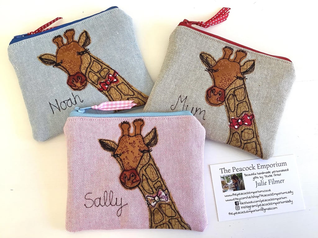 Custom Giraffe Coin Purse - Personalised Giraffe Pouch Wallet - Embroidered gift