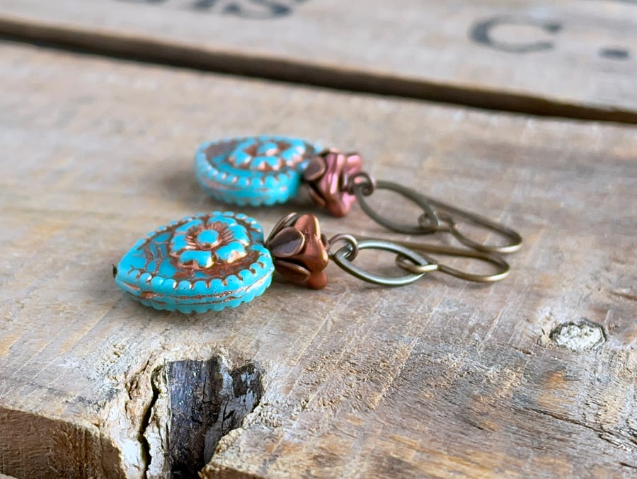 Turquoise & Copper Czech Glass Heart Earrings. Colourful Glass Bead Earrings