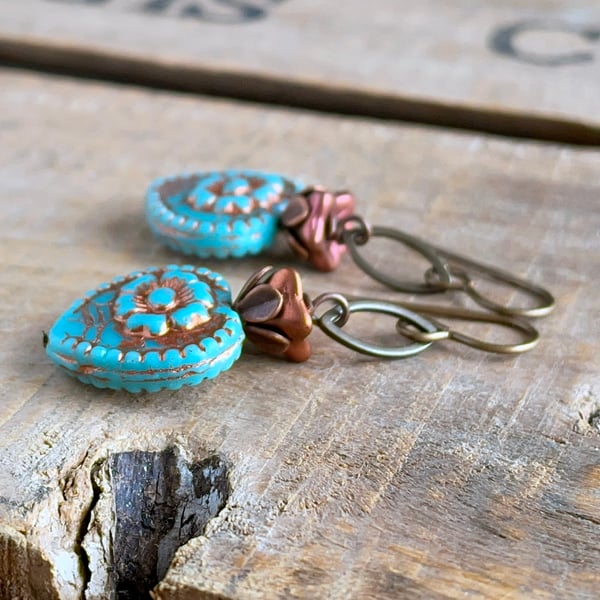 Turquoise & Copper Czech Glass Heart Earrings. Colourful Glass Bead Earrings