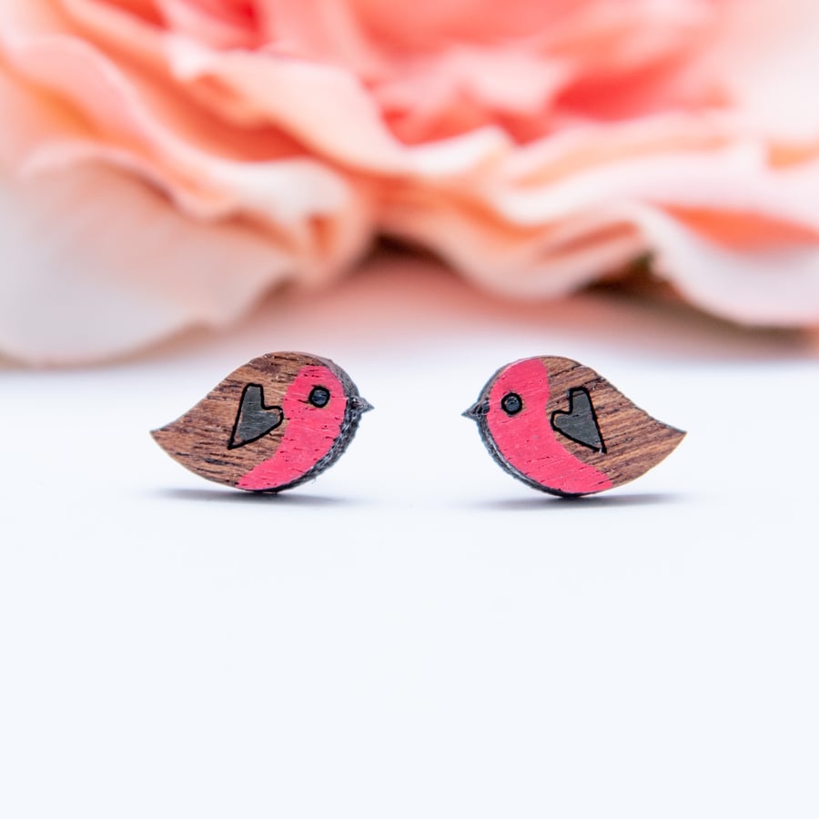 Hand Painted Wooden Robin Earrings, Bird Studs, Wood Robins, Bird Earrings