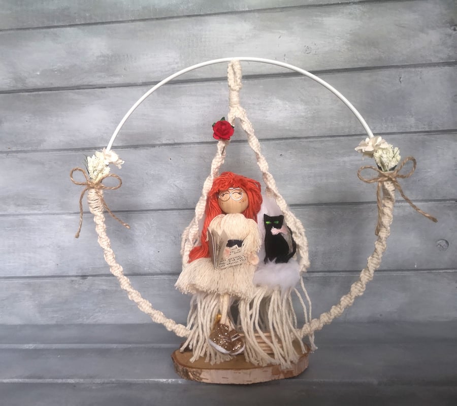 Handmade Macrame Ginger Hair Doll on Swing with Book and Cat