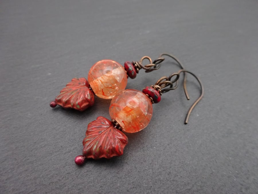 red lampwork glass leaf earrings