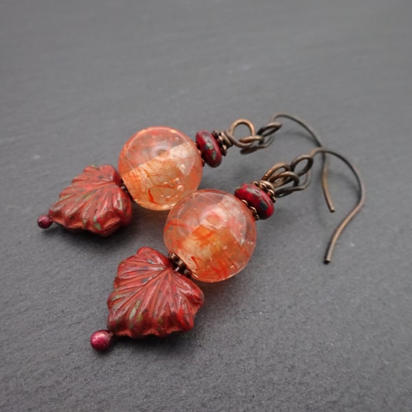 red lampwork glass leaf earrings