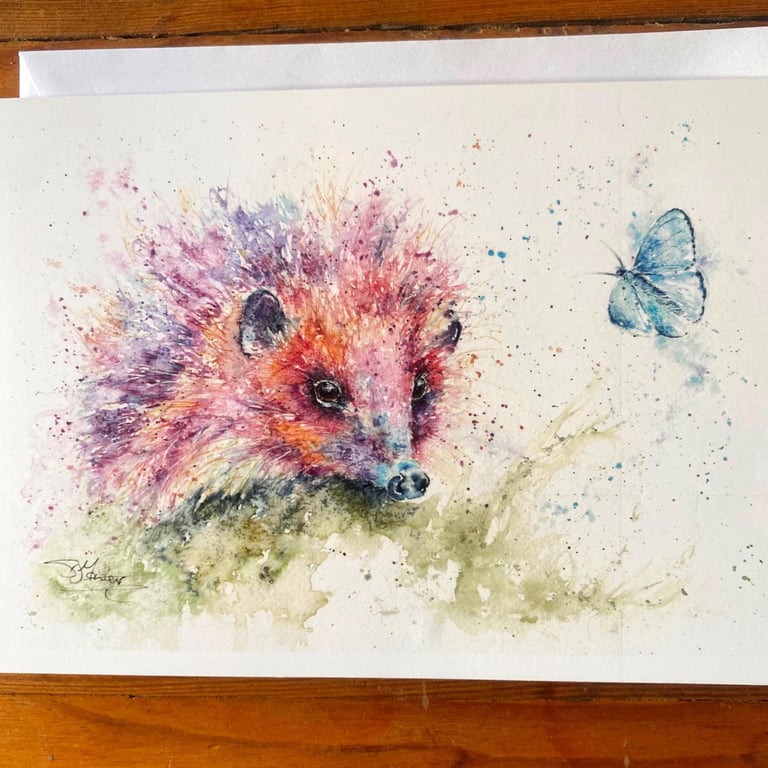 Holly Blue, Hedgehog & Butterfly Card, A5 blank greeting card 