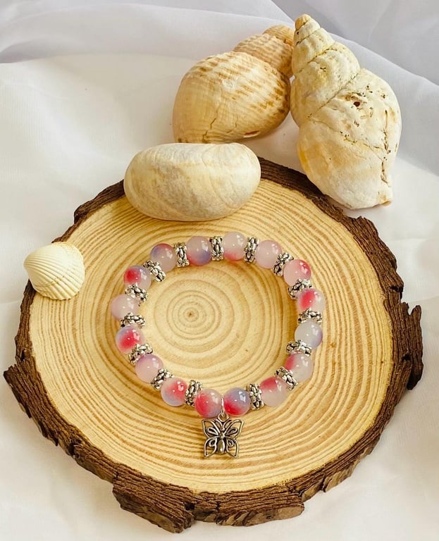 One of a Kind Glass Bead Bracelet Lilac Bloom Handmade Stretch Bracelet Isola Ch