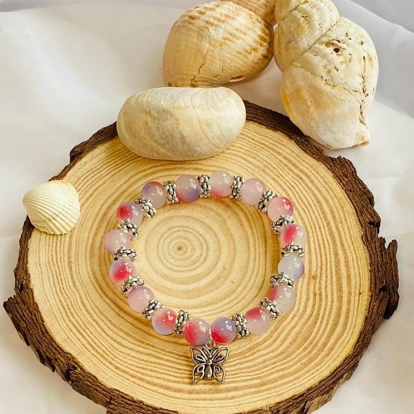 One of a Kind Glass Bead Bracelet Lilac Bloom Handmade Stretch Bracelet Isola Ch