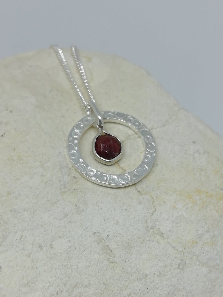 Raw Garnet in a Textured Ring Necklace