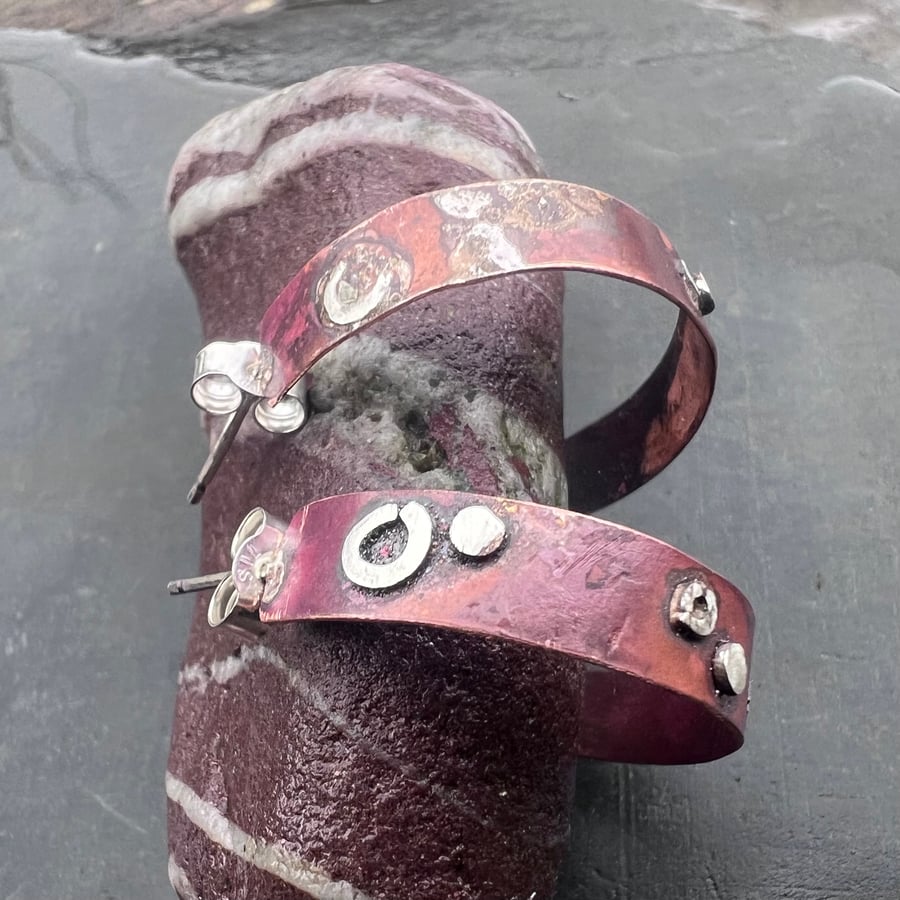 Large Textured Copper Hoop Stud Earrings