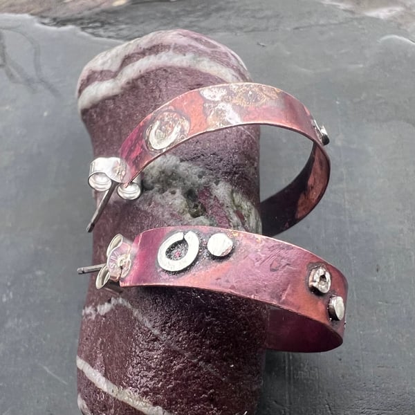 Large Textured Copper Hoop Stud Earrings